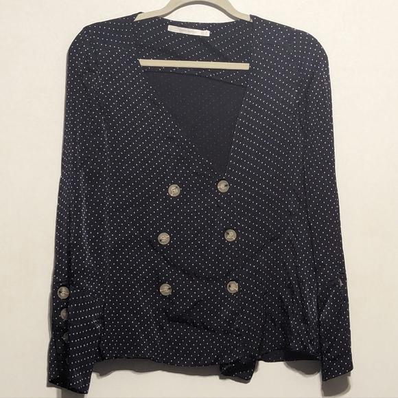 Zara Navy Blue and White Polka Dot Long Sleeve Button Front Shirt Blouse - Small - Picture 1 of 5